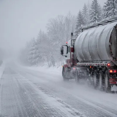 Blizzard Highway with Tanker Truck