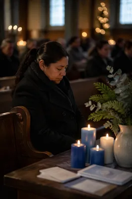 Woman in Sanctuary with Blue Candles
