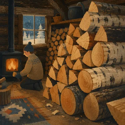 Cozy Firewood in Snowy Woodland Cabin