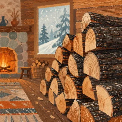 Cozy Winter Cabin Firewood Closeup