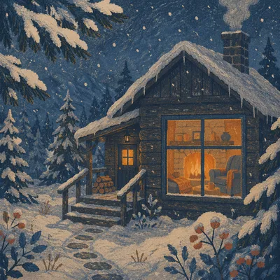 Cozy Snowy Cabin Fireplace at Twilight
