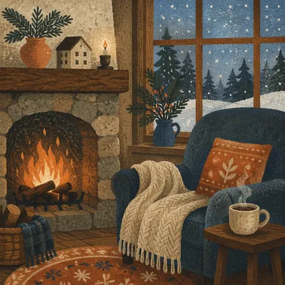 Cozy Snowy Cabin Fireplace Winter Evening