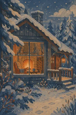 Cozy Snowy Cabin Fireplace at Twilight