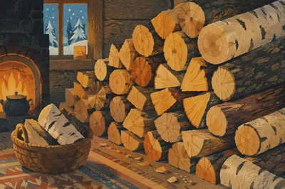 Cozy Firewood by Fireplace in Winter Cabin