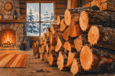 Cozy Winter Cabin Firewood by Fireplace