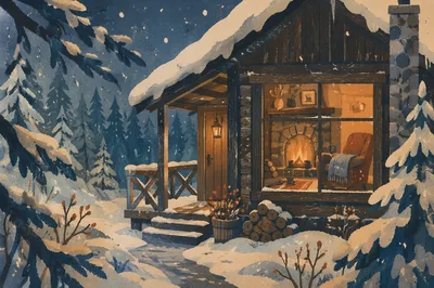 Cozy Snowy Cabin Fireplace at Twilight