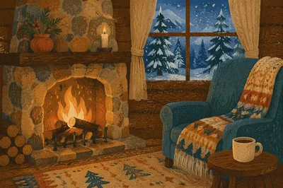 Cozy Snowy Cabin Fireplace at Blue Dusk