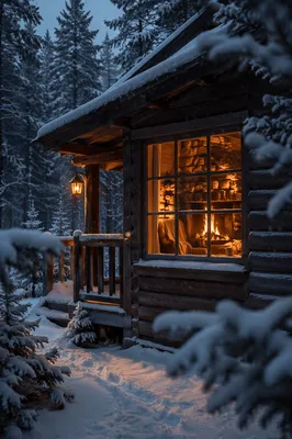 Cozy Snowy Cabin Fireplace at Twilight
