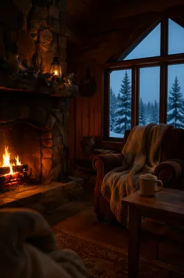 Cozy Snowy Cabin Fireplace at Blue Dusk