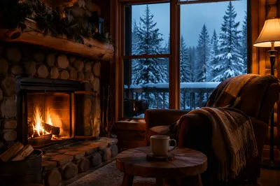 Cozy Snowy Cabin Fireplace at Blue Dusk