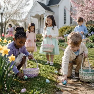 Children Hunting Easter Eggs in Church Yard