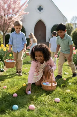 Children Hunting Easter Eggs by Chapel