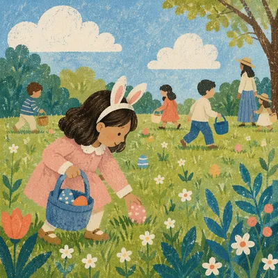 Children Easter Egg Hunt on Sunny Lawn