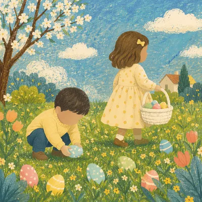 Sunny Easter Egg Hunt in Spring Meadow