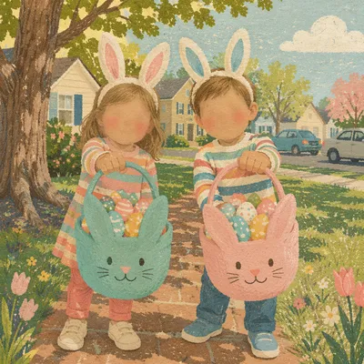 Sunny Children Easter Egg Hunt on Lawn