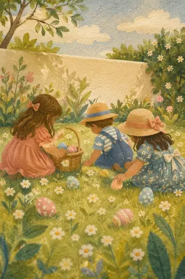 Sunny Children Easter Egg Hunt on Grass