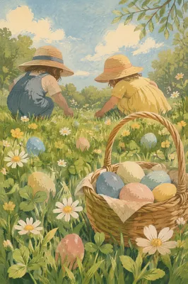 Sunny Easter Egg Hunt on Spring Grass