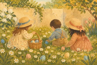 Children Easter Egg Hunt on Sunny Grass