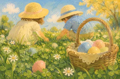 Sunny Easter Egg Hunt on Spring Lawn