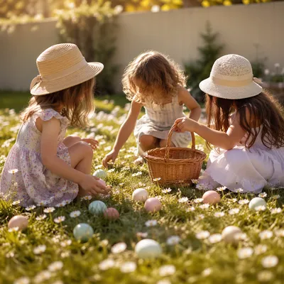 Children Easter Egg Hunt on Sunny Grass