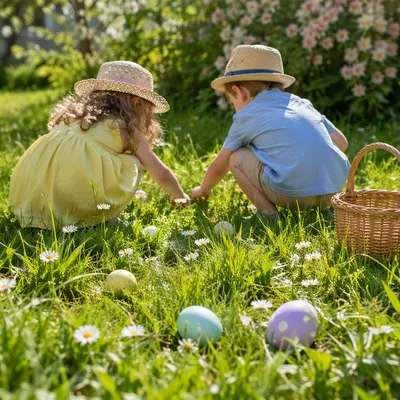Sunny Children Easter Egg Hunt in Grass