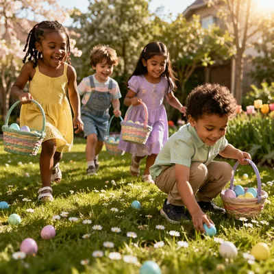 Children Hunting Easter Eggs in Sunny Yard