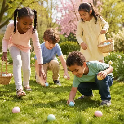 Children Hunting Easter Eggs in Sunny Garden