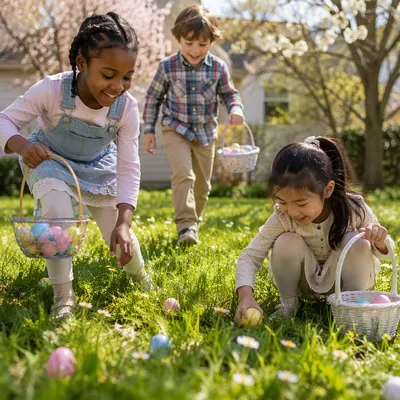 Children Hunting Easter Eggs on Sunny Lawn