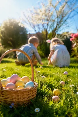 Sunny Easter Egg Hunt on Spring Lawn