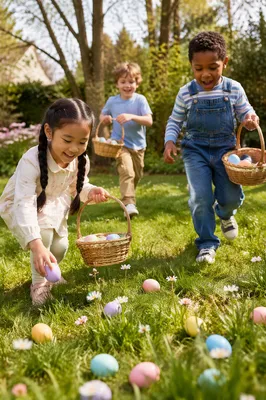 Children Hunting Easter Eggs on Sunny Lawn