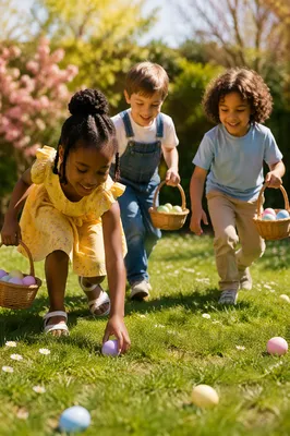 Children Hunting Easter Eggs on Sunny Lawn