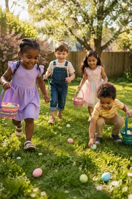 Children Hunting Easter Eggs on Sunny Lawn