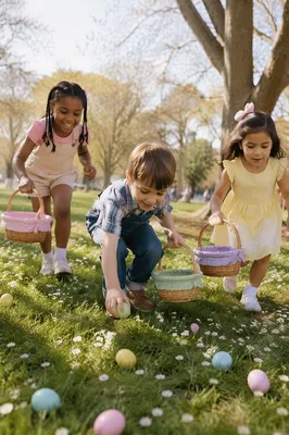 Children Hunting Easter Eggs in Sunny Park