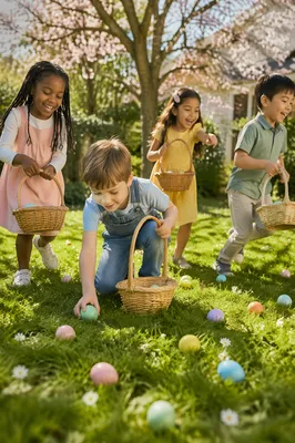 Children Hunting Easter Eggs in Backyard