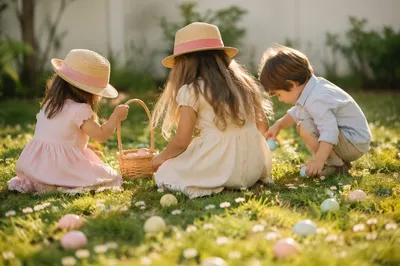 Children Easter Egg Hunt on Sunny Grass