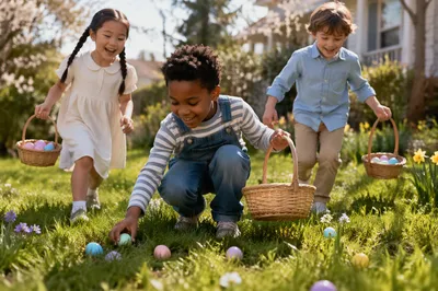 Children Hunting Easter Eggs on Sunny Lawn