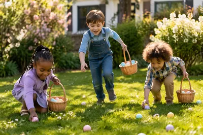 Children Hunting Easter Eggs on Sunny Lawn