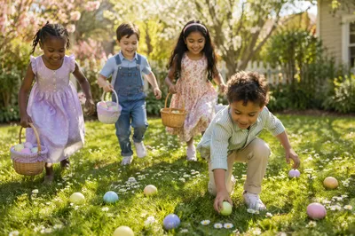 Children Hunting Easter Eggs on Sunny Lawn