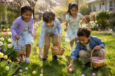 Children Hunting Easter Eggs in Garden