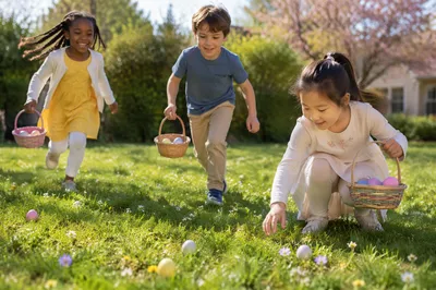 Children Hunting Easter Eggs on Sunny Lawn