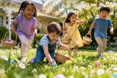 Children Easter Egg Hunt in Sunny Backyard