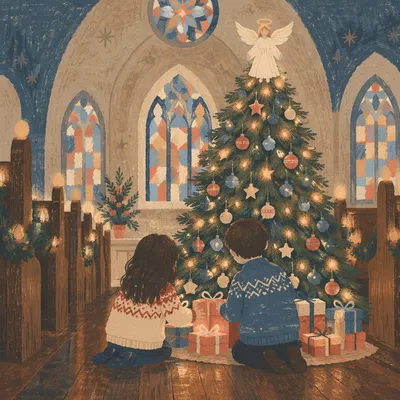 Children Placing Gifts by Christmas Angel Tree