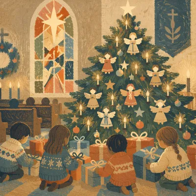 Children Placing Gifts by Christmas Tree