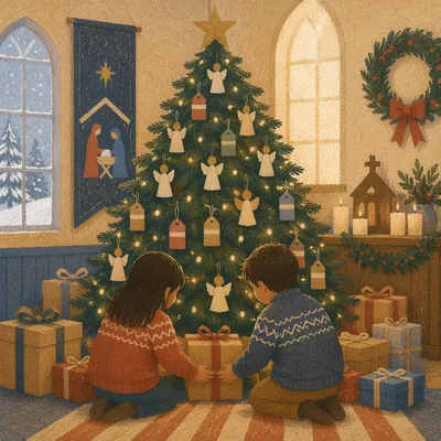 Children Placing Gifts by Christmas Angel Tree