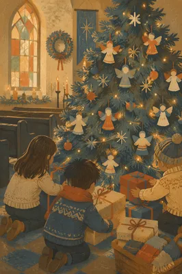 Children Placing Gifts Beneath Christmas Angel Tree