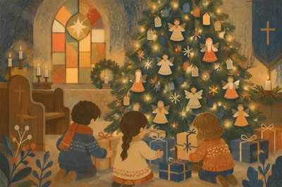 Children Placing Gifts by Christmas Angel Tree