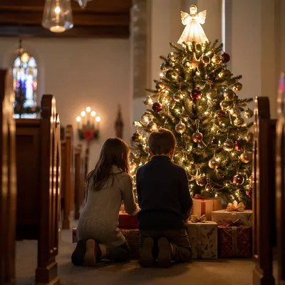 Children Placing Gifts by Christmas Tree