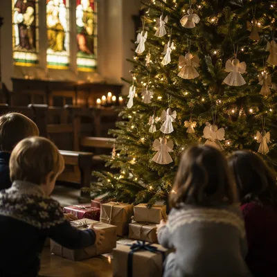 Children Placing Gifts by Christmas Angel Tree