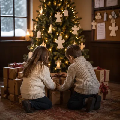 Children Placing Gifts by Christmas Angel Tree