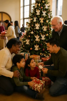 Families and Volunteers by Christmas Tree